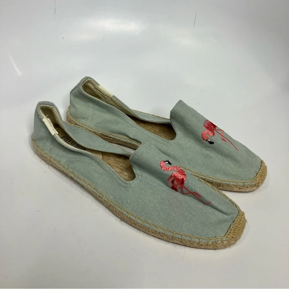 Anthropologie Soludos picnic espadrilles flamingo embroidery blue pink‎ size 7